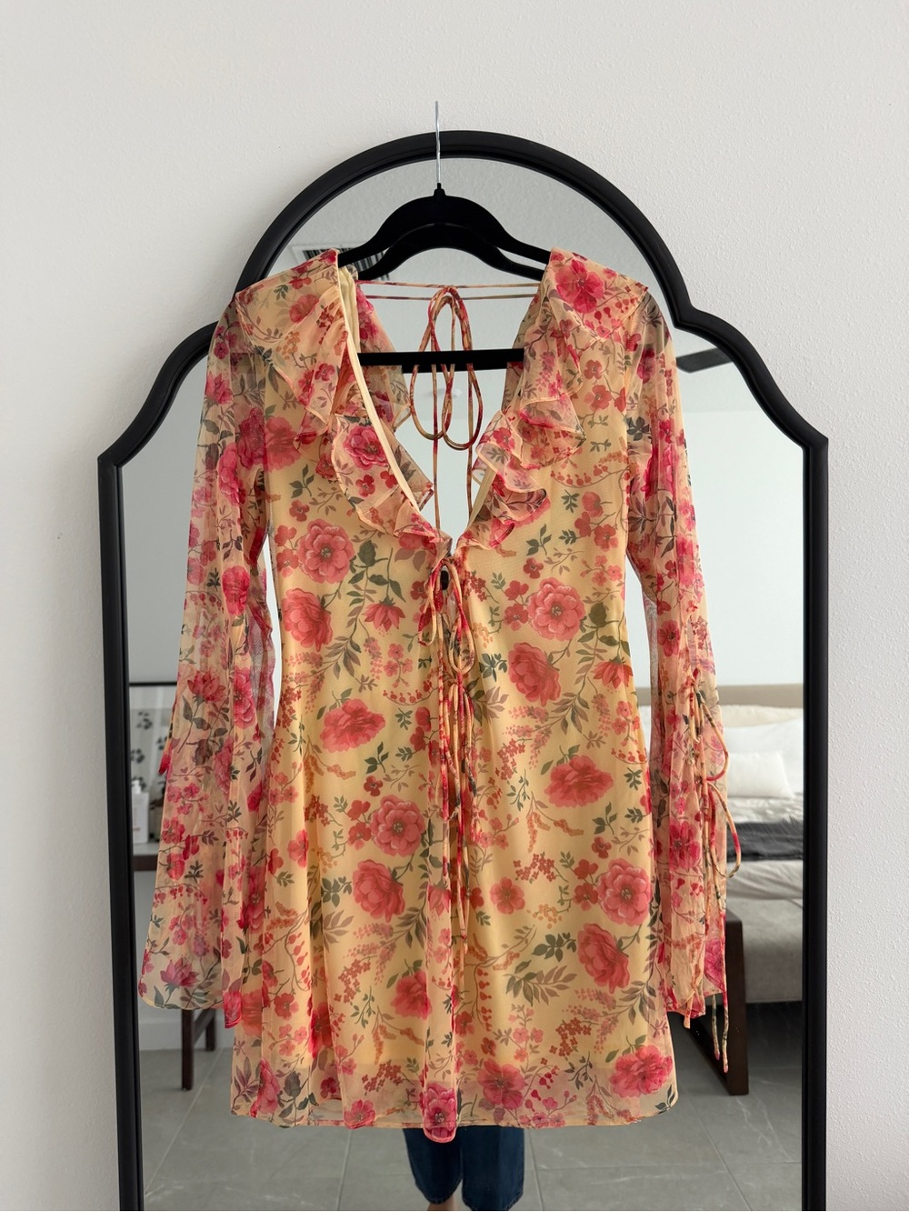 12th Tribe Sydney Yellow Ruffle Floral Mini Dress Open Back